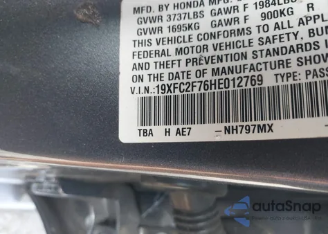 2017 Honda Civic Ex from USA, damaged, VIN 19XFC2F76HE012769